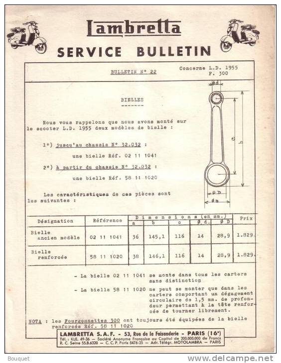 PUBLICITES - PUBLICITE LAMBRETTA S.A.F. - SCOOTER - SERVICE BULLETIN N° 22 - BIELLES - 1955 - Publicités