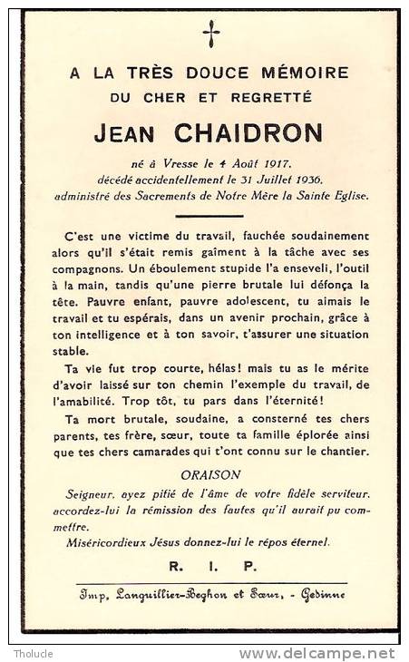 Vresse-sur-Semois-1936-Faire-part   De Décès De Mr Jean Chaidron-Décédé Accidentellement - Avvisi Di Necrologio