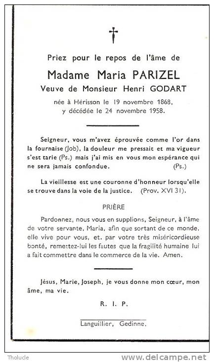 Membre-sur-Semois- Hérisson (Vresse)-1958-Faire Part De Décès De Mme Maria Parizel  (Vve De M. Henri Godart) - Décès