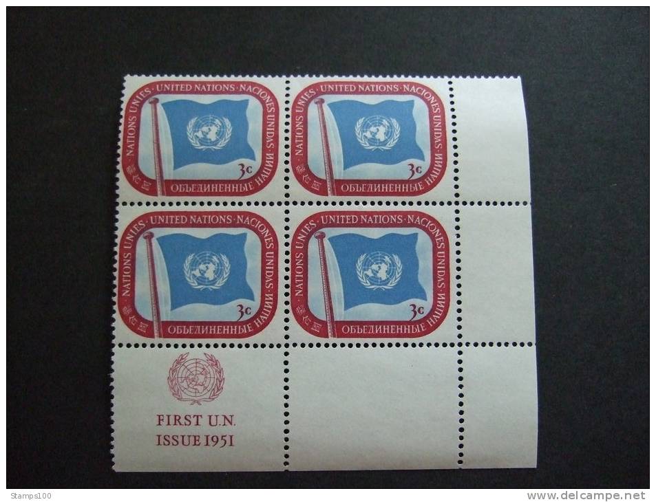 UN NEW YORK 1951  3C  CORNER BLOCK     MNH ** (025408-010/015) - Neufs