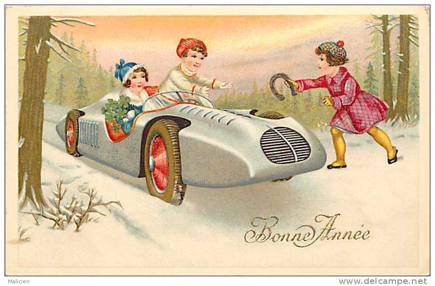 Themes Div-ref E628- Illustrateur Enfants -voiture Automobile - Bonne Année -porte Bonheur  - - 1900-1949