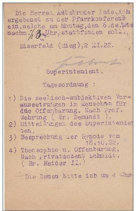 B  6  --  Dienst-Postkte Elserfeld (Superintendentur Siegen N. Niederdrasseldorf  3.11.1923  TEX T !! - Covers & Documents