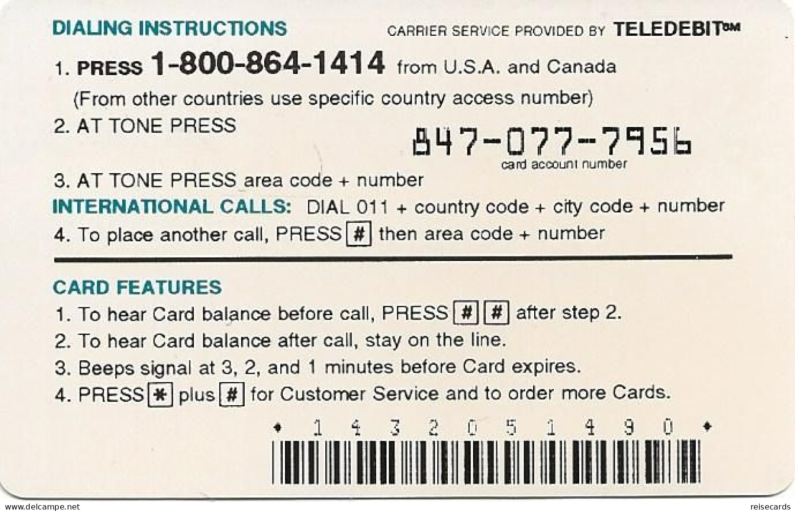 USA: Prepaid: Teledebit - Sonstige & Ohne Zuordnung