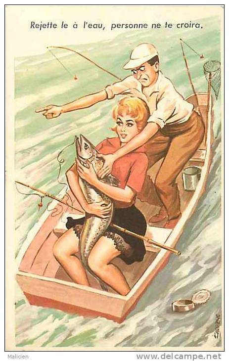 Themes Div-ref E501- Illustrateur - Carte Humoristique -humour - La Peche A La Ligne  - Pin Up   -carte Bon Etat  - - Carrière, Louis