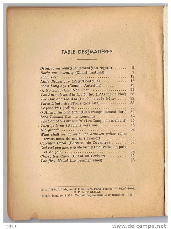 1946 - B. SCHULE - AIRS D´OUTRE-MANCHE - Paroles Françaises : Alice PIGOTT - Editions Ouvrières Paris - Musique Folklorique