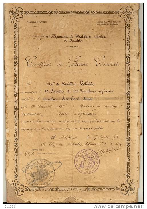 CERTIFICAT De BONNE CONDUITE 15e Régiment De Tirailleurs Algériens 3é Bataillon , Fait à MEKNÈS  EN 1920 - Diploma's En Schoolrapporten