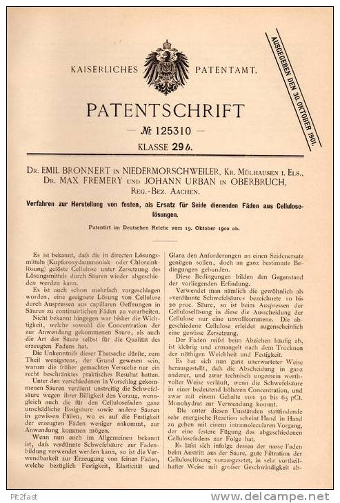 Original Patentschrift -Dr.E. Bronnert In Niedermorschweiler B. Mühlhausen ,1900, Seide - Ersatz , Cellulose , Oberbruch - Historische Dokumente