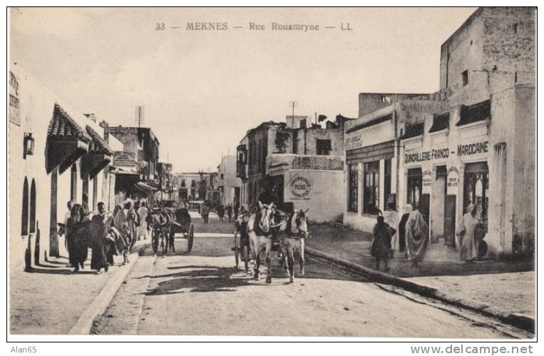 Meknes Morocco, Rue Rouamryne Street Scene, Store Fronts Business Signs, Wagons, C1910s Vintage Postcard - Meknes