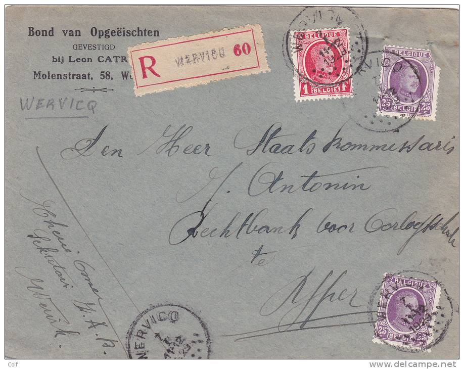 198+256 Op Brief Aangetekend Met Stempel WERVICQ - 1922-1927 Houyoux