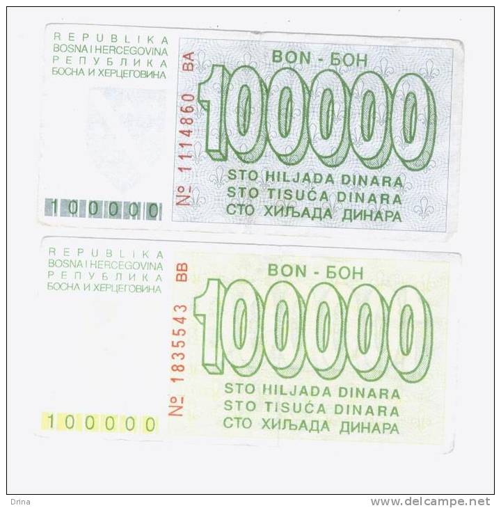 Sarajevo Vouchers, Money War 100 000 Dinara 1993, Both Versions - Bosnia And Herzegovina