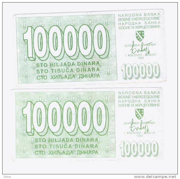 Sarajevo Vouchers, Money War 100 000 Dinara 1993, Both Versions - Bosnia And Herzegovina