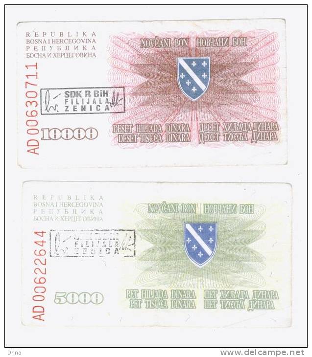 Zenica Vouchers 5 000 Dinara And 10 000 Dinara,money War - Bosnia And Herzegovina