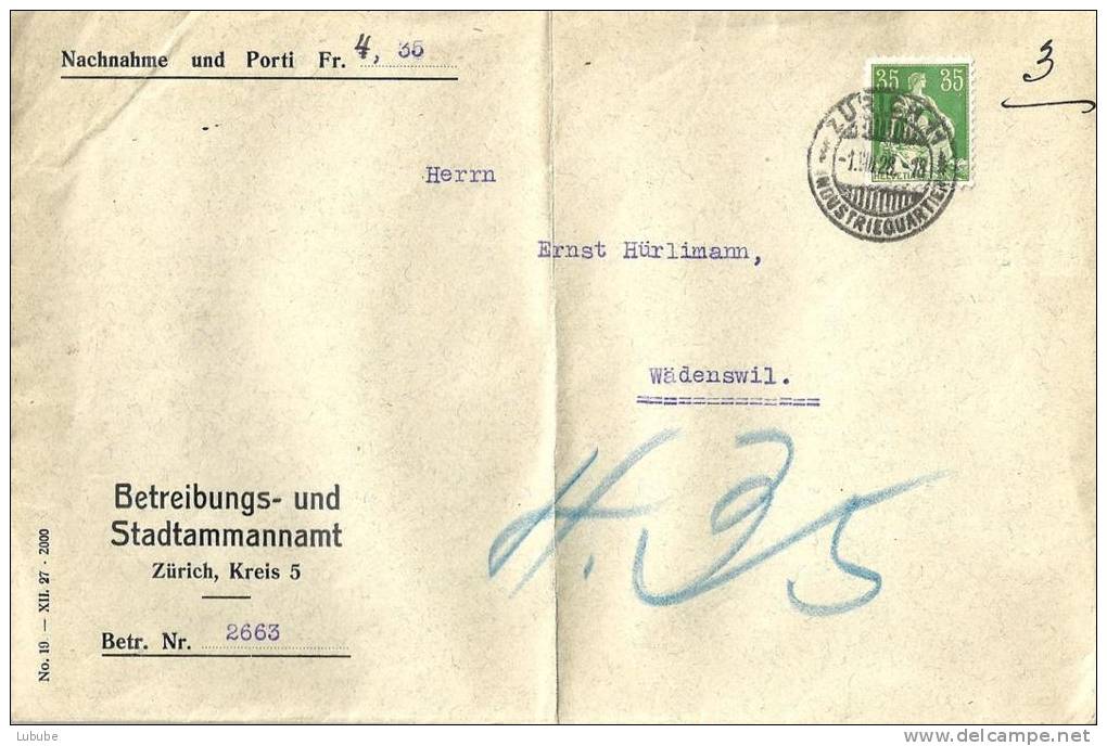 NN Brief  "Betreibungs- Und Stadtammannamt, Zürich"           1928 - Briefe U. Dokumente