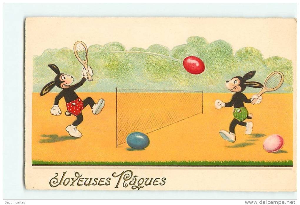 JOYEUSES PAQUES - Lapin Humanisés Disputant Match De TENNIS Avec Oeufs - Sport - TBE - Edit. WSSB - 2 Scans - Tennis