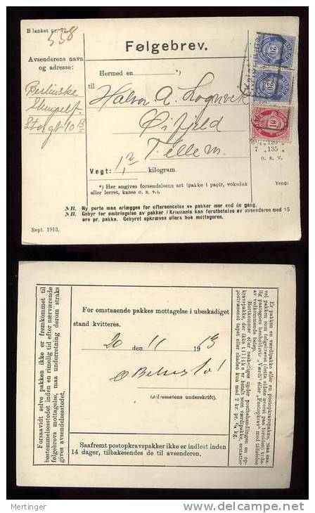 Norway Norwegen 1913 Paketkarte Folgebrev - Covers & Documents