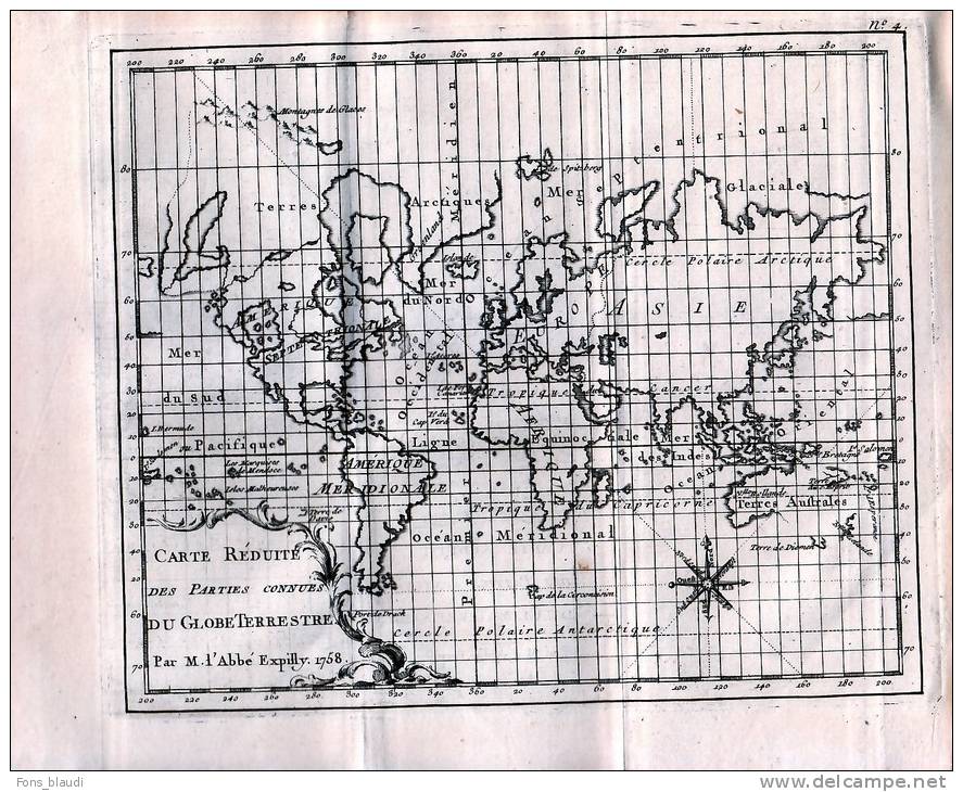 Carte Réduite Des Parties Connues Du Globe Terrestre - Gravure Sur Cuivre Originale De 1758 - Other & Unclassified