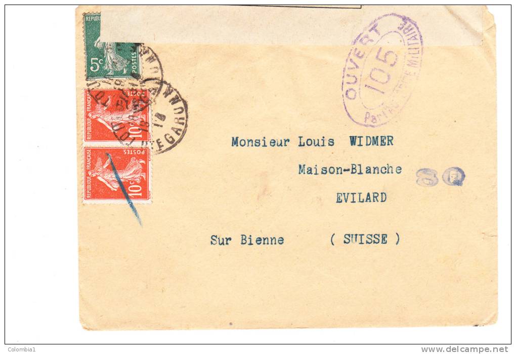 LETTRE Du 4/x/1918 Via La SUISSE ( Ouvert Controle Postal Militaire) - 1877-1920: Période Semi Moderne