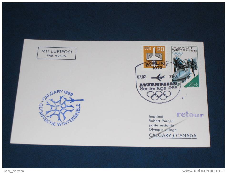 Karte Postkarte DDR Deutschland 1988 LUFTPOST Airmail Interflug Calgary Olympische Spiele Sonderflüge Par Avion Retour - Franking Machines (EMA)