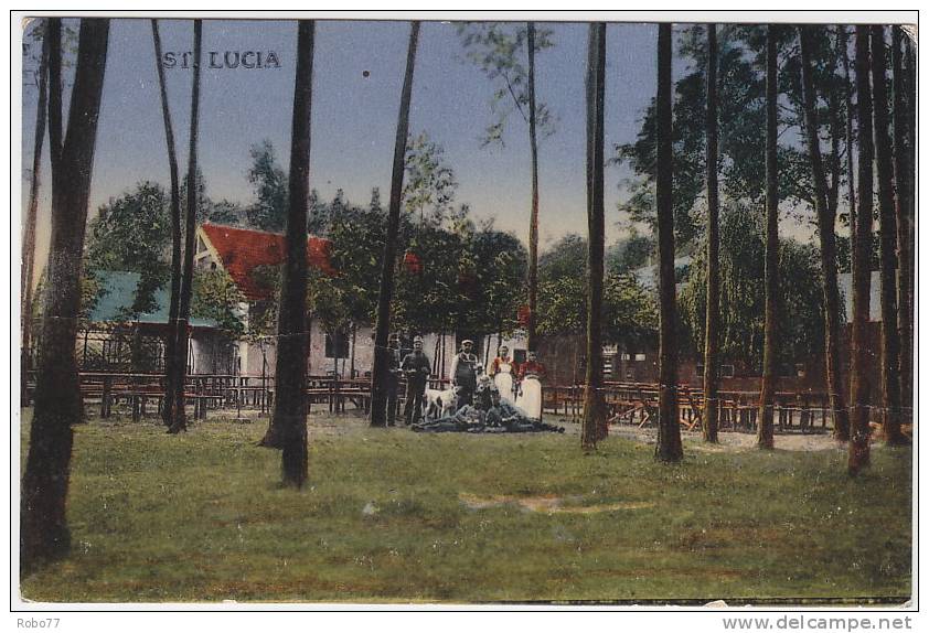 1919 Postcard. St. Lucia. Soldiers, Civilians, Dog, Restaurant. Czechoslovakia Stamps, Hradcany. Ctyry Dvory (T78001) - Sainte-Lucie