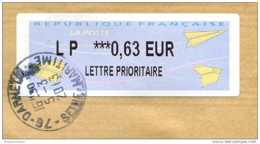 Vignette D'affranchissement LP ***0,63 EUR  - Oblitération Darnétal (76) Du 5-3-2013 Sur Enveloppe A5 - 2000 « Avions En Papier »