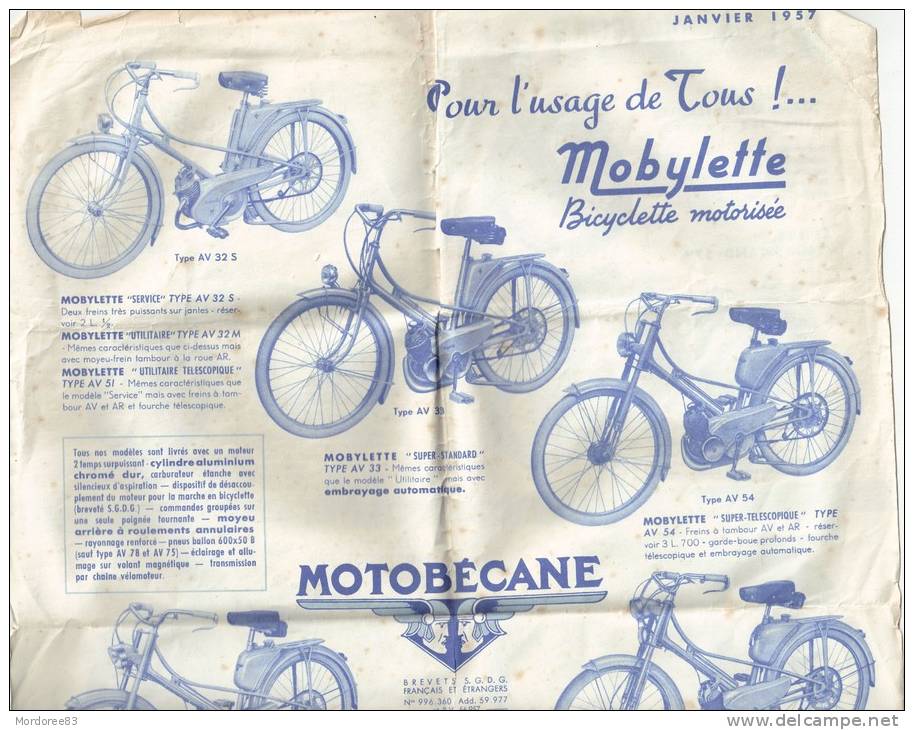 RESERVE 12360.... PUBLICITE MOTOBECANE JANVIER 1957 MOBYLETTE-LES VELOMOTEURS-LES MOTOCYCLETTES AVEC FEUILLES DES TARIFS - Autres & Non Classés