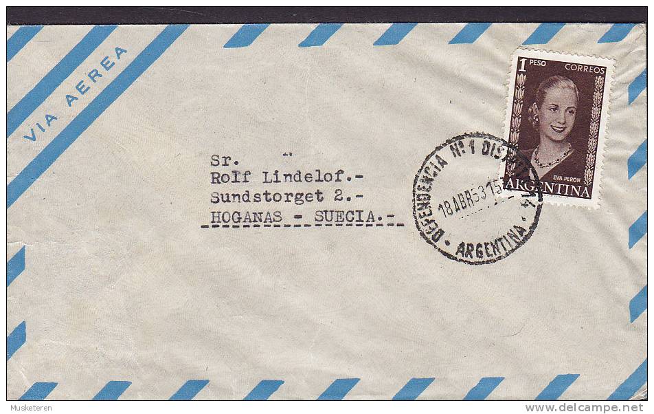 Argentina Airmail Via Aerea DEPENDENCIA No. 1 DISTRITO 1953? Cover Letra To HÖGANÄS Sweden Suecia Eva Peron - Poste Aérienne