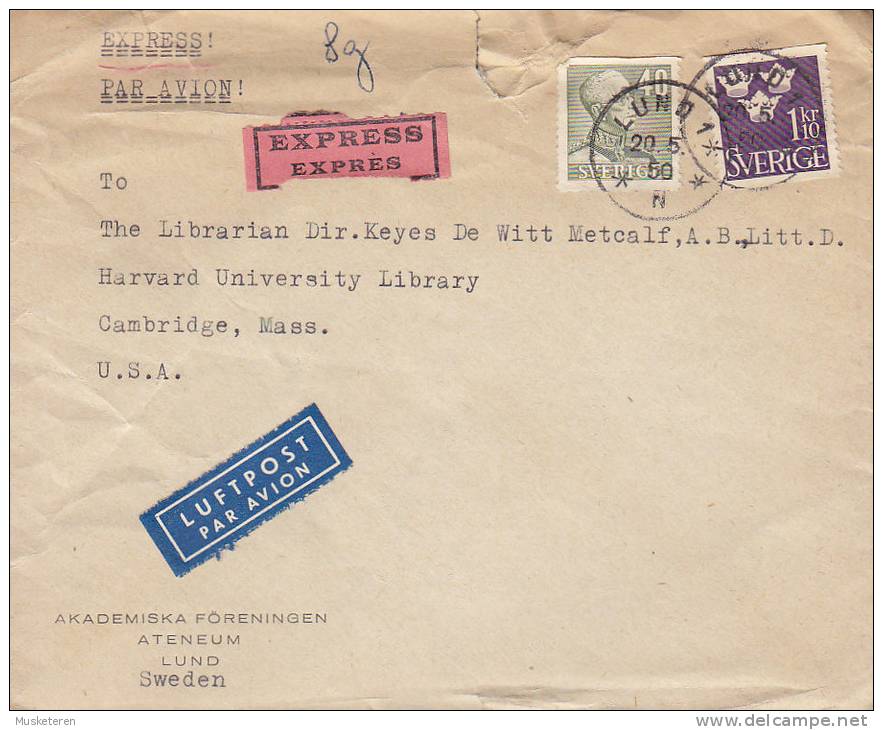 Sweden Airmail & EXPRESS Labels AKADEMISKA FÖRENINGEN ATENEUM, LUND 1950 Cover Brief To USA (2 Scans) - Lettres & Documents