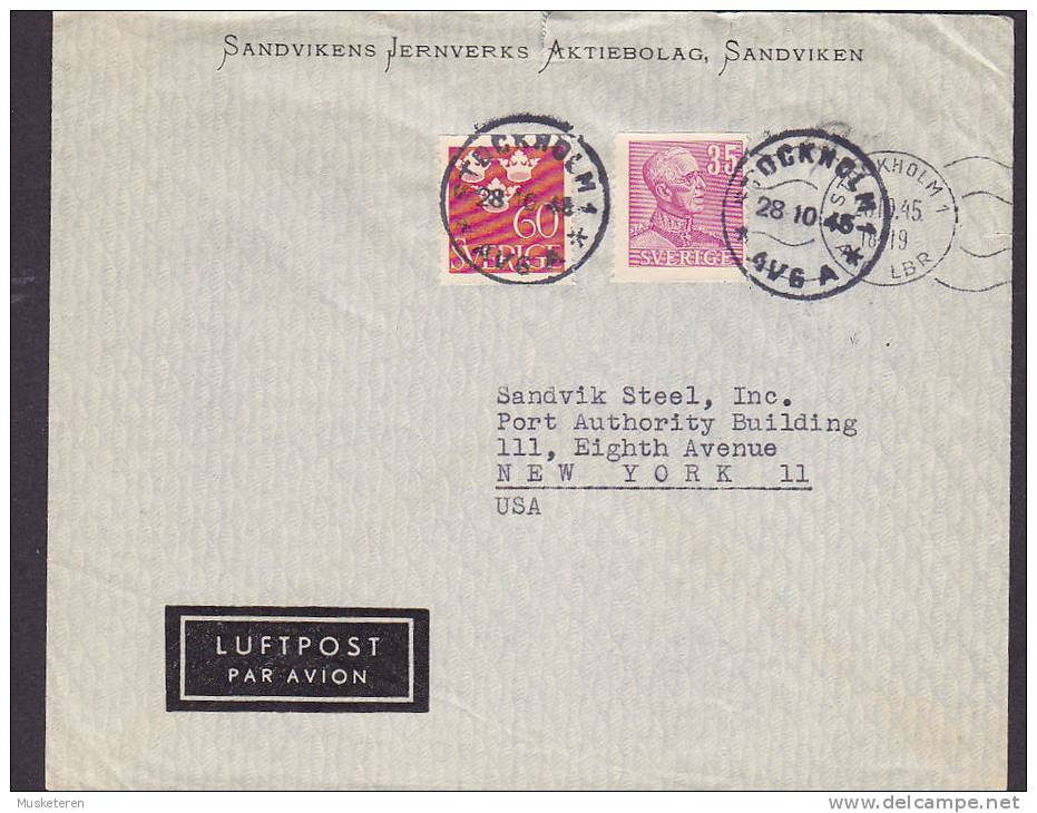 Sweden Airmail Luftpost SANDVIKENS JERNVERKS AKTIEBOLAG, STOCKHOLM Avg. 1945 Cover Brief To USA - Lettres & Documents