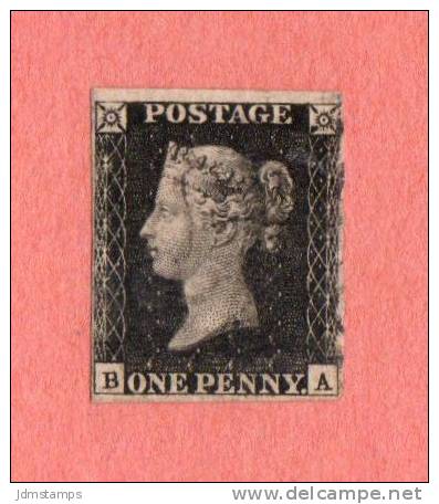 GBR SC #1  1840 Queen Victoria ("Penny Black")  (B,A)  W/stn/adherent (?) @ TC (back - Shown)  4 Margins, CV $320.00 - Used Stamps