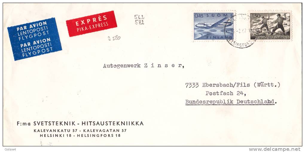 9580# FINLANDE LETTRE PAR AVION EXPRES Obl HELSINKI HELSINGFORS 1967 EBERSBACH ALLEMAGNE SUOMI FINLAND LENTOPOSTI PIKA - Lettres & Documents