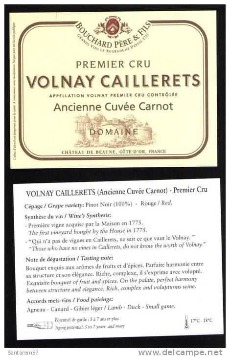 Etiquette Vin Bourgogne Label Wine Volnay Caillerets Premier Cru Avec Notes Au Verso Domaine Bouchard - Bourgogne