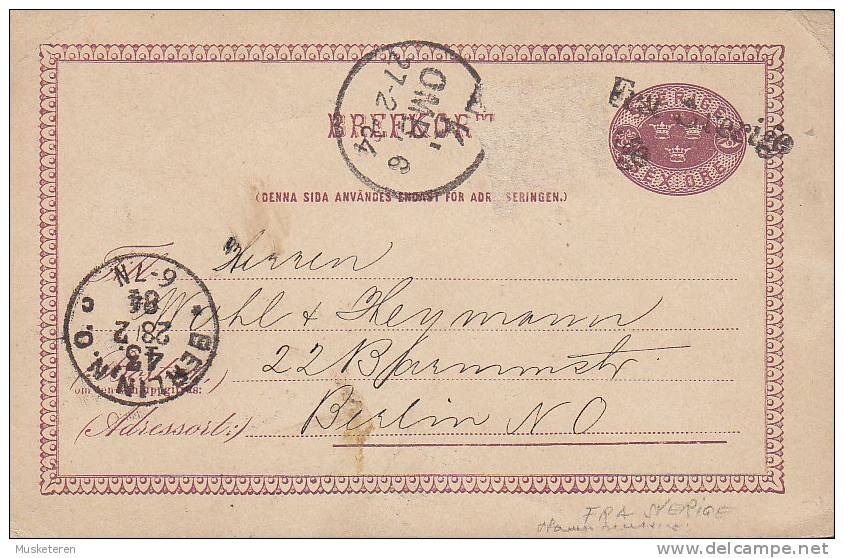 Sweden (Uprated) Postal Stationery Ganzsache Entier FRA SVERIGE Shipsmail Schiffspost 1884 BERLIN Via Denmark (2 Scans) - Postal Stationery