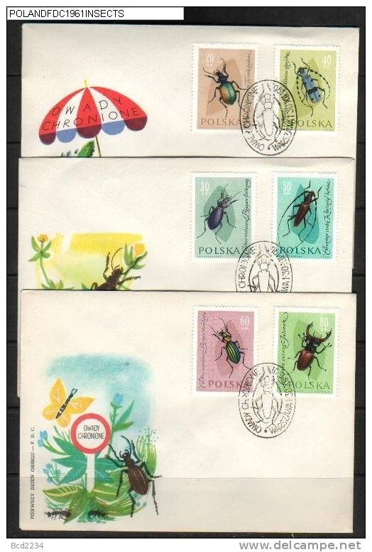 POLAND FDC 1961 INSECTS SET OF 12 (6) BUTTERFLIES BEES BEETLES ANTS - FDC