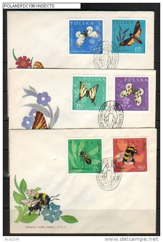 POLAND FDC 1961 INSECTS SET OF 12 (6) BUTTERFLIES BEES BEETLES ANTS - FDC