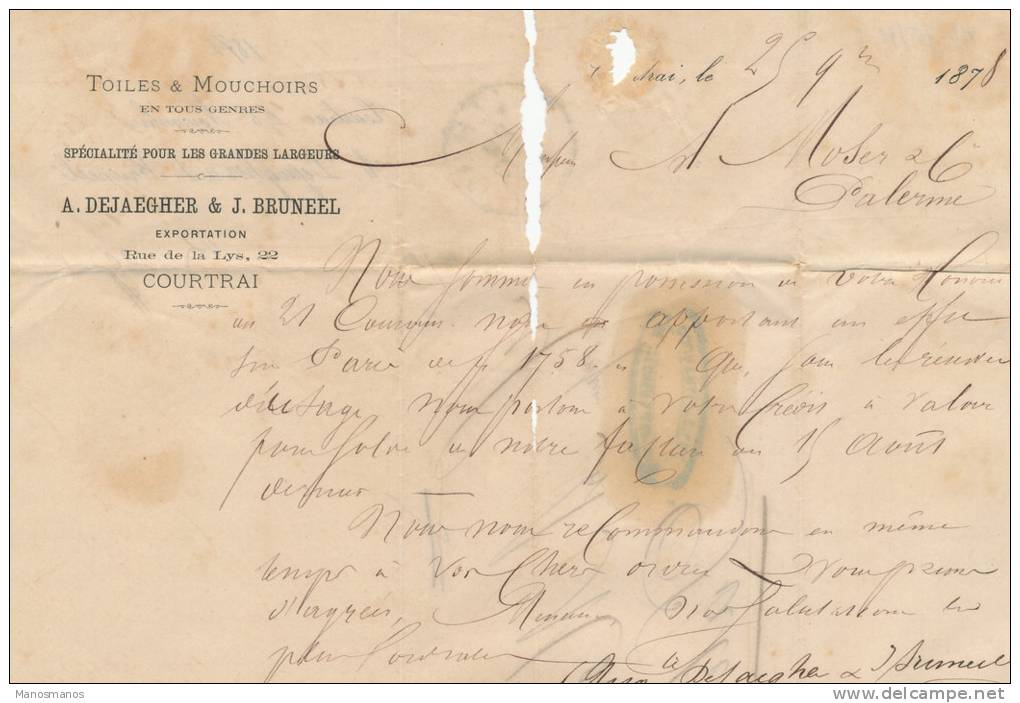 861/19 -  Lettre TP 32 COURTRAI 1878 Vers PALERME Sicile Via DC ITALIE OUEST 3 - Transit Offices