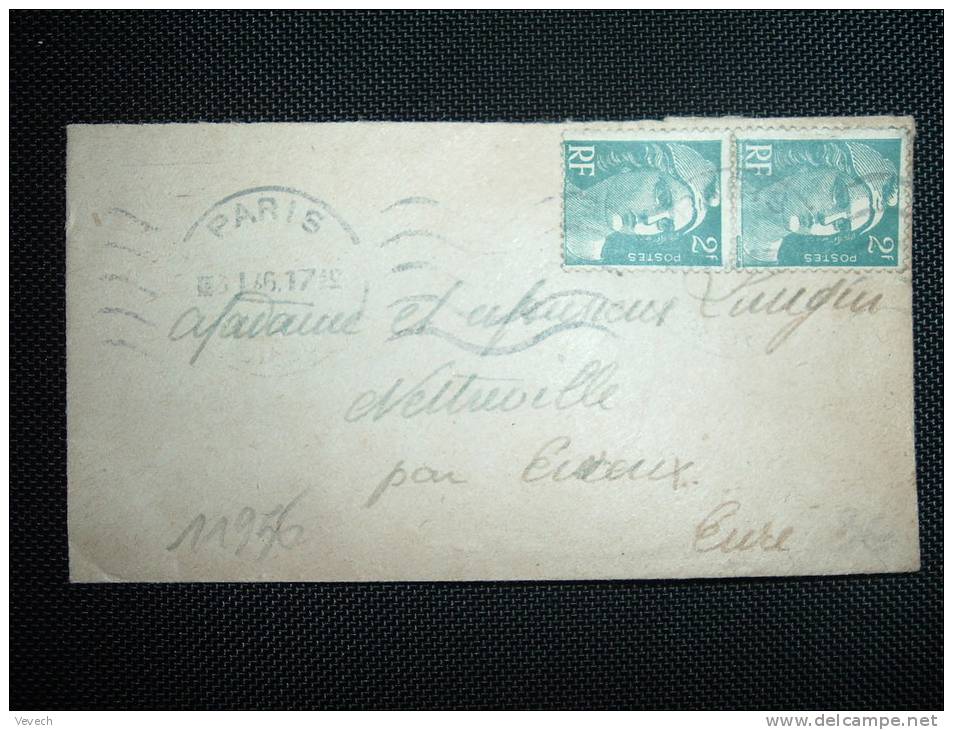 LETTRE MIGNONNETTE TP MARIANNE DE GANDON 2F X2 OBL.MEC. 3-1-46 PARIS GARE D'AUSTERLITZ (75) - 1945-54 Marianne Of Gandon