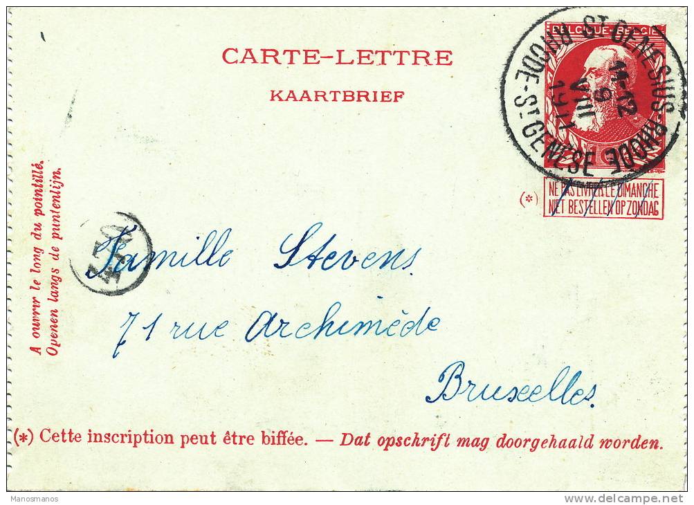 736/20 - Carte-Lettre Grosse Barbe Grand Cachet 28 Mm Bilingue ST GENESIUS RHODE 1911 Vers BRUXELLES - Letter-Cards