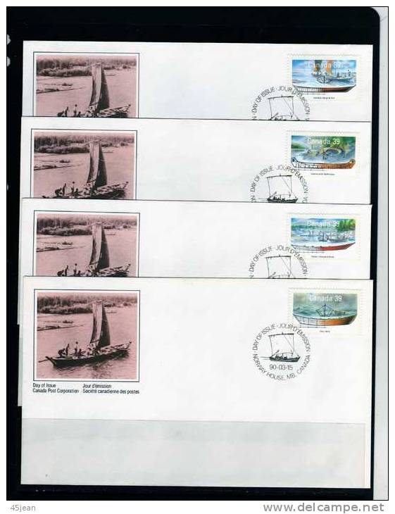 Canada: 1990 4 Belles Fdc Embarcations Du Canada Doris, Chaloupe, Barge, Et Canoé - 1981-1990