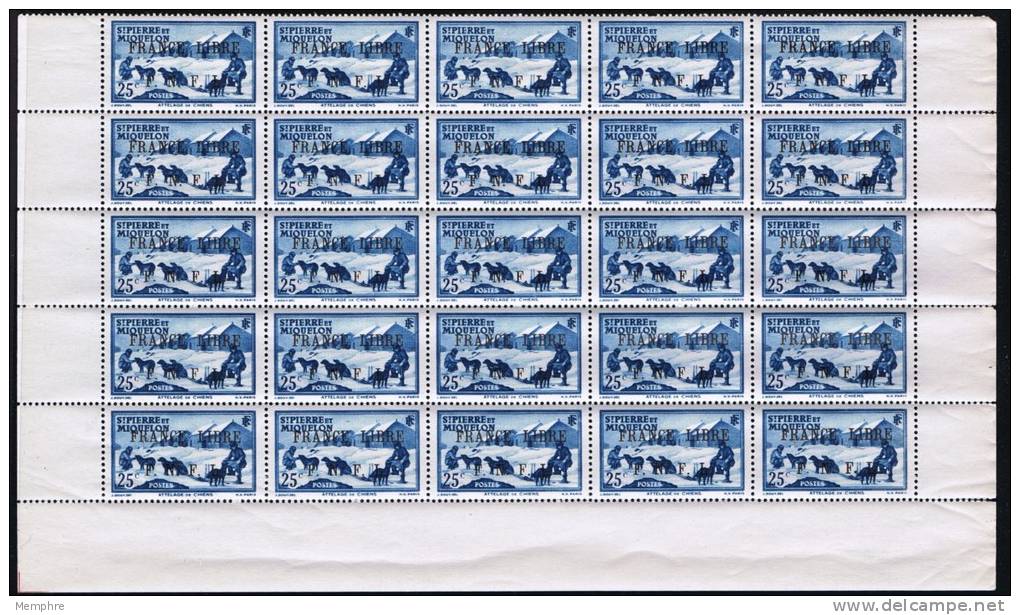 Attelage De Chiens 25  Cent Surchargé « FRANCE LIBRE - F.N.F.L.» Bloc De 25 Ex **  Rarissime!! Yv 253 - Unused Stamps