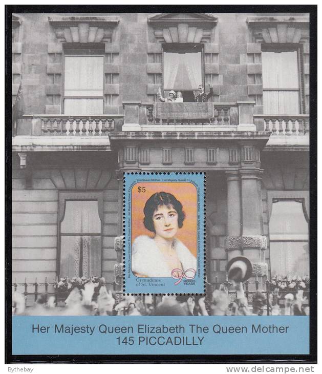 St. Vincent Grenadines MNH Scott #742 Souvenir Sheet $5 Queen Mother As Young Woman, 145 Piccadilly - 90th Birthday - St.Vincent & Grenadines