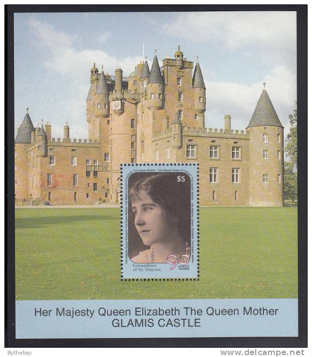 St. Vincent Grenadines MNH Scott #741 Souvenir Sheet $5 Queen Mother As Young Woman, Glamis Castle - 90th Birthday - St.Vincent & Grenadines