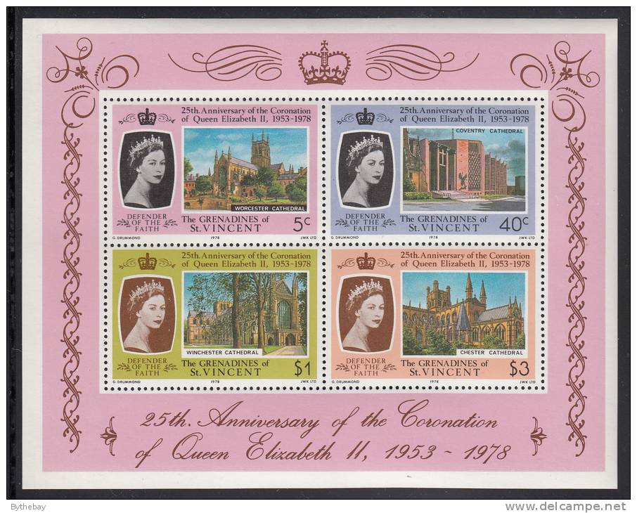 St. Vincent Grenadines MNH Scott #156a Souvenir Sheet Of 4 Worcester, Coventry, Winchester, Chester 25th Ann Coronation - St.Vincent & Grenadines