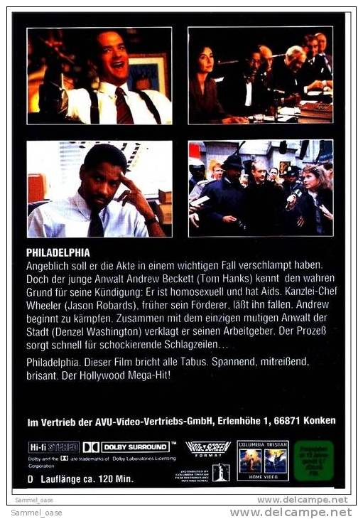 VHS Video  -  Philadelphia  -  Mit Tom Hanks , Denzel Washington , Spannend - Mitreißend - Brisant - Dramma