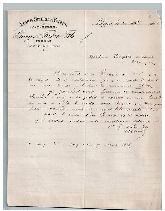 Entête Du 19/09/1902 GEORGES FABRE Fils - Bois, Scierie à Vapeur - Langon - 1900 – 1949
