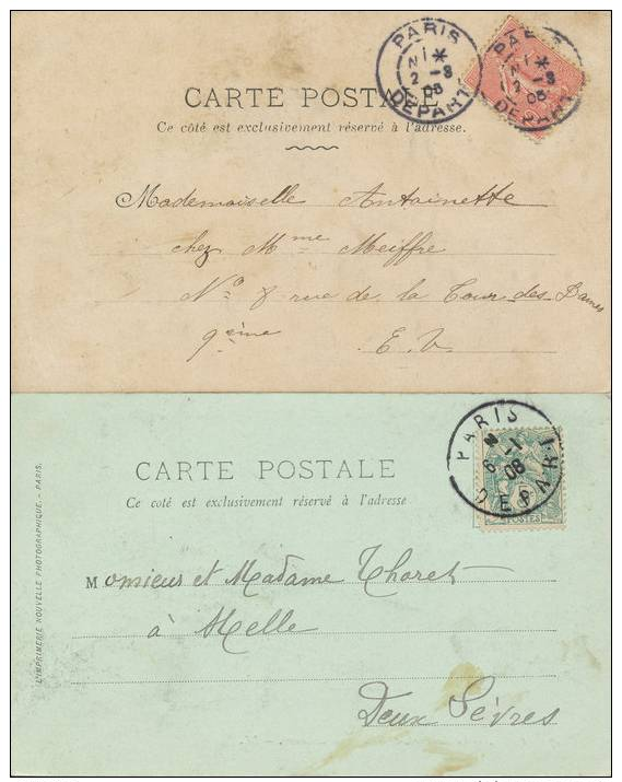 France  1908  ( 2 Cartes Avec Cachet "Paris Départ" Différents )  Peu Communs - Briefe U. Dokumente