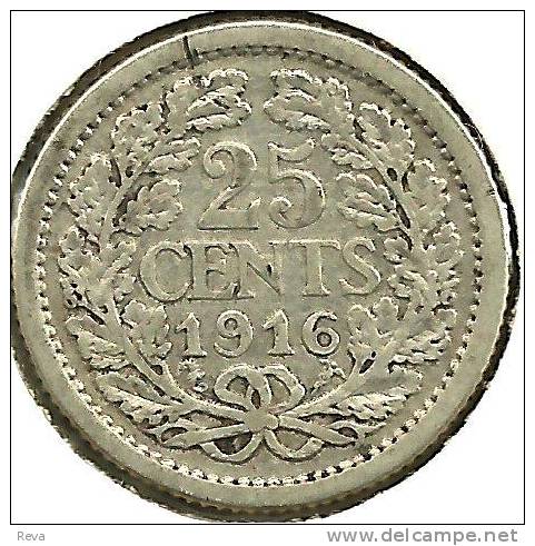 NERTHERLANDS 25 CENTS WREATH FRONT QUEEN HEAD BACK 1916 AG SILVER KM146 VF+ READ DESCRIPTION CAREFULLY !!! - 25 Cent