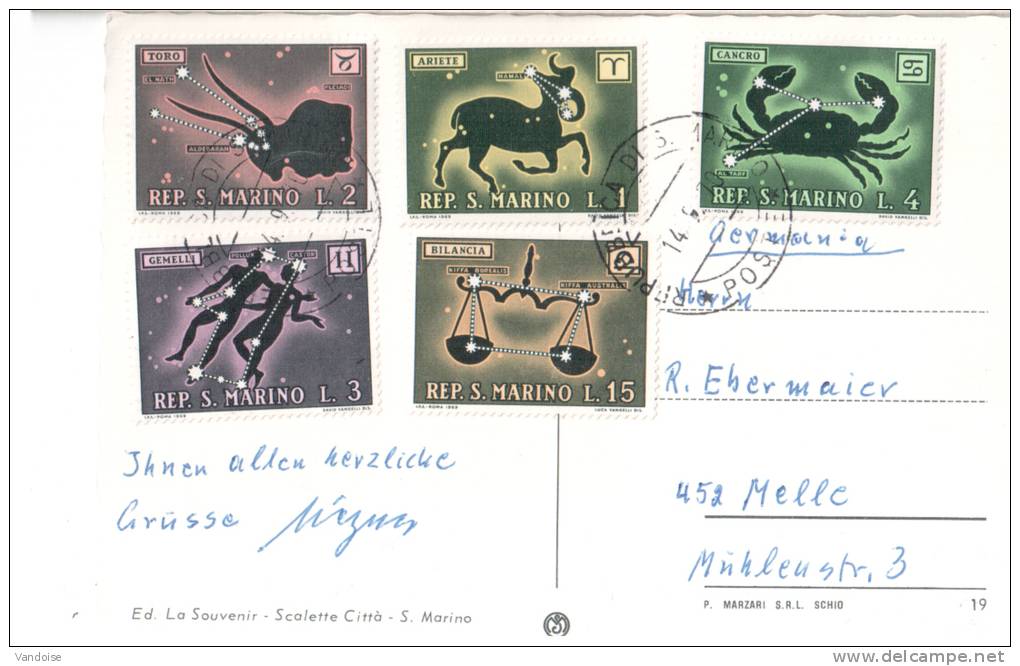 SIGNES DU ZODIAQUE CARTE POSTALE DE SAINT MARIN AVEC 5 TIMBRES - Astrology