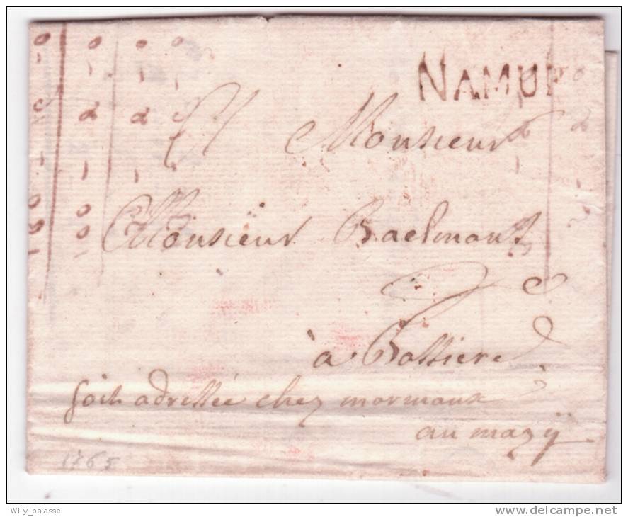 Lettre 1765 Marque NAMUR  Pour Bossière "soit Adressée Chez Mormaux Au Mazy". - 1714-1794 (Pays-Bas Autrichiens)