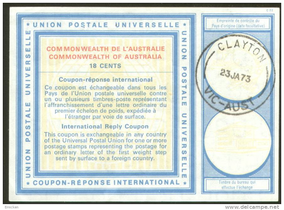 UPU COUPON - REPONSE INTERNATIONAL CLAYTON  18 C. 1973 - Briefe U. Dokumente