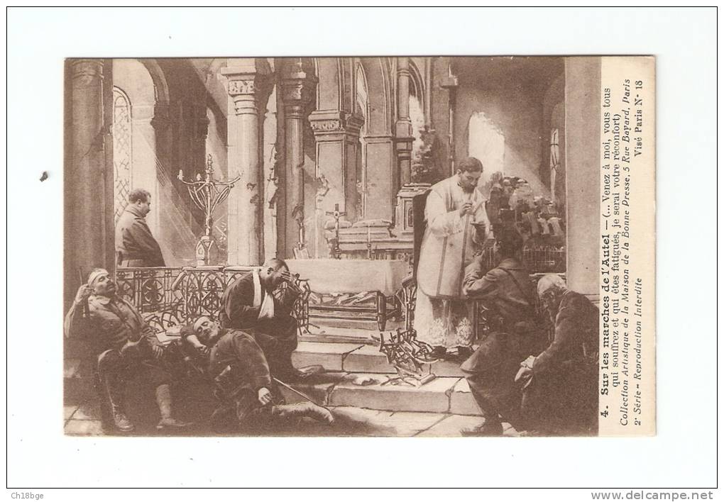 CPA :Guerre 14/18 : Dessin "Sur Les Marches De L´Autel ": Prêtre Aidant Des Blessés Dans Une Eglise - Guerre 1914-18